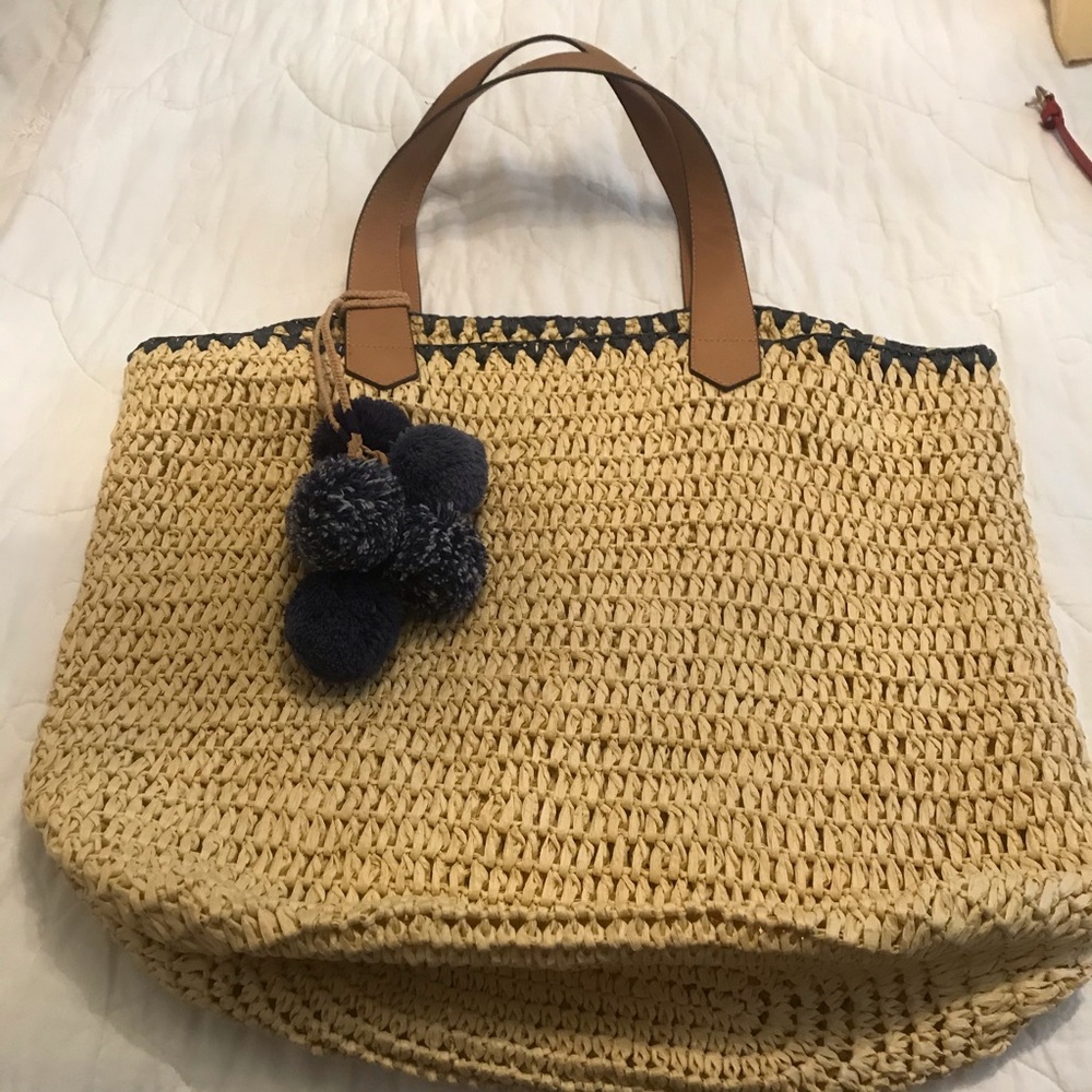 Loft Raffia Beach Tote with Pom Poms